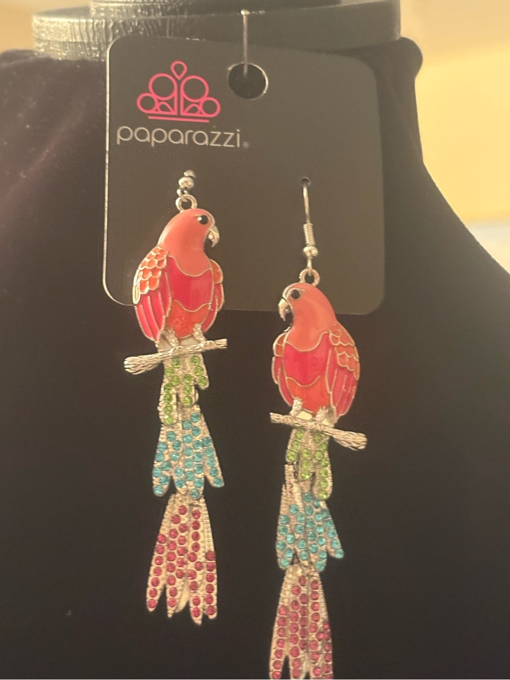 paparazzi Red Parrot Crystal Drop Earrings with Multicolor Tail